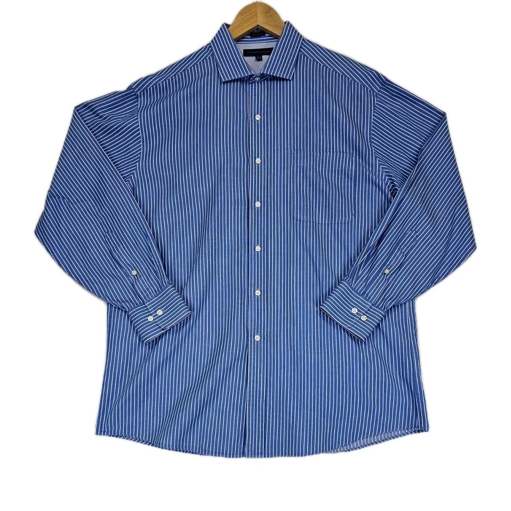 Tommy Hilfiger Mens Large Regular‎ Fit Blue Striped Button Up Shirt Mens  34/35